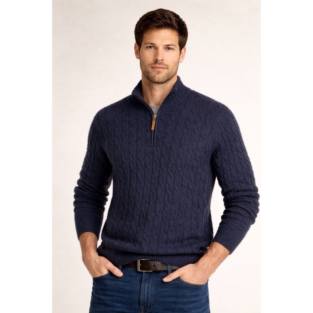 Polo Ralph Lauren Mens Blue Cable Knit 1/4 Zip Cashmere Sweater XXL Heritage - Picture 1 of 12